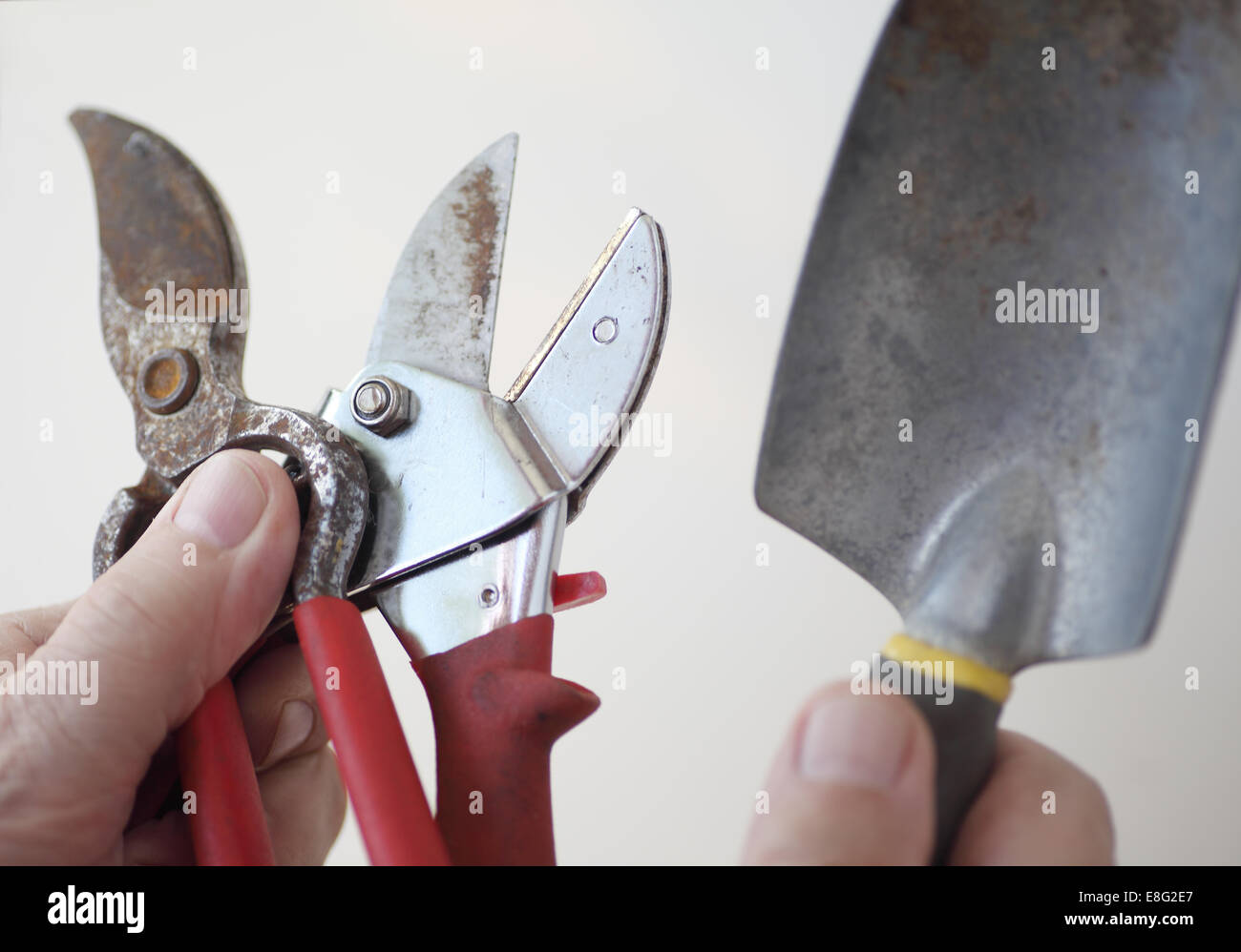 A man holding well-used plant clippers and a trowel Stock Photo