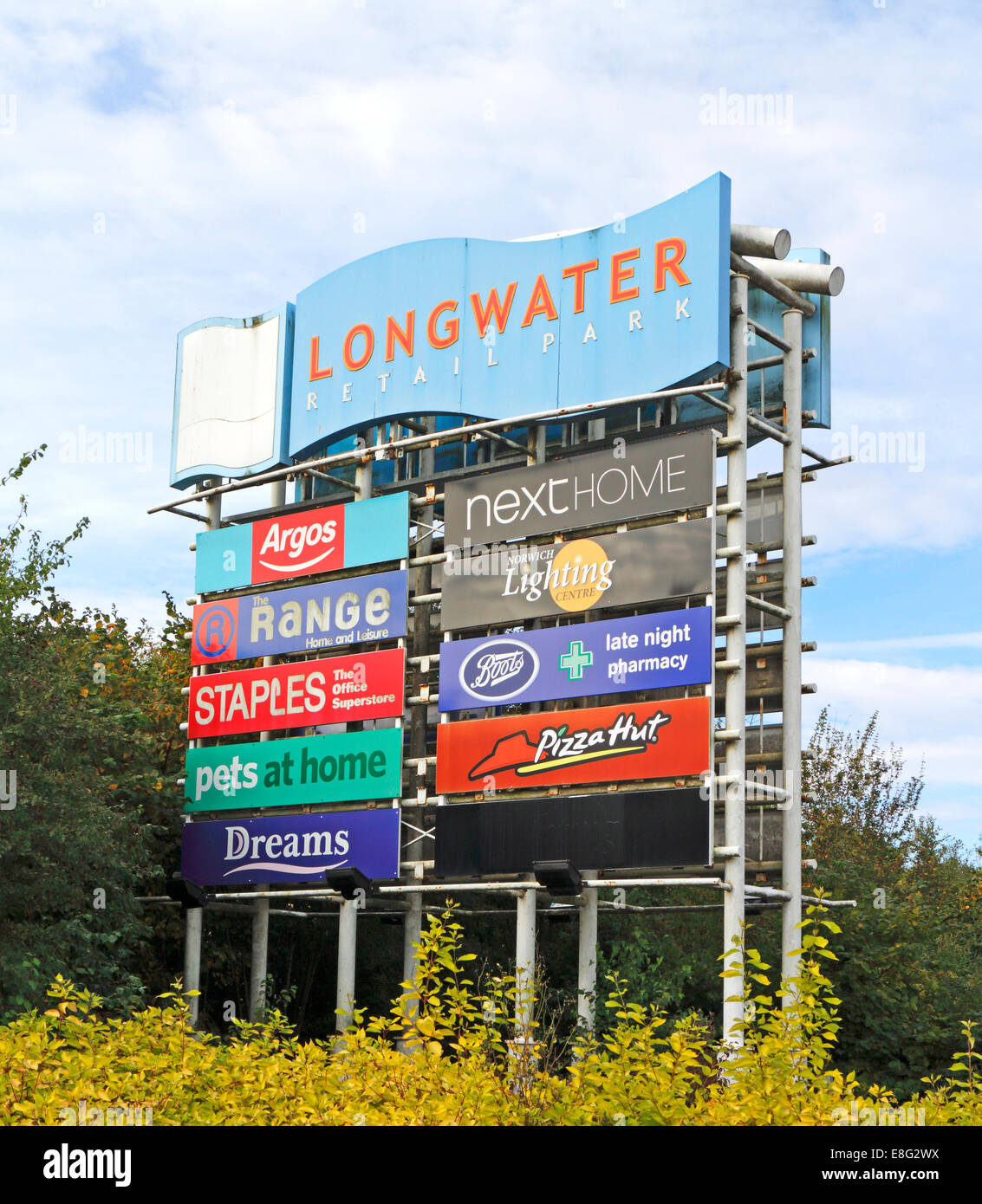 An advertising hoarding for stores at the Longwater Retail Park, Costessey, near Norwich, Norfolk, England, United Kingdom. Stock Photo