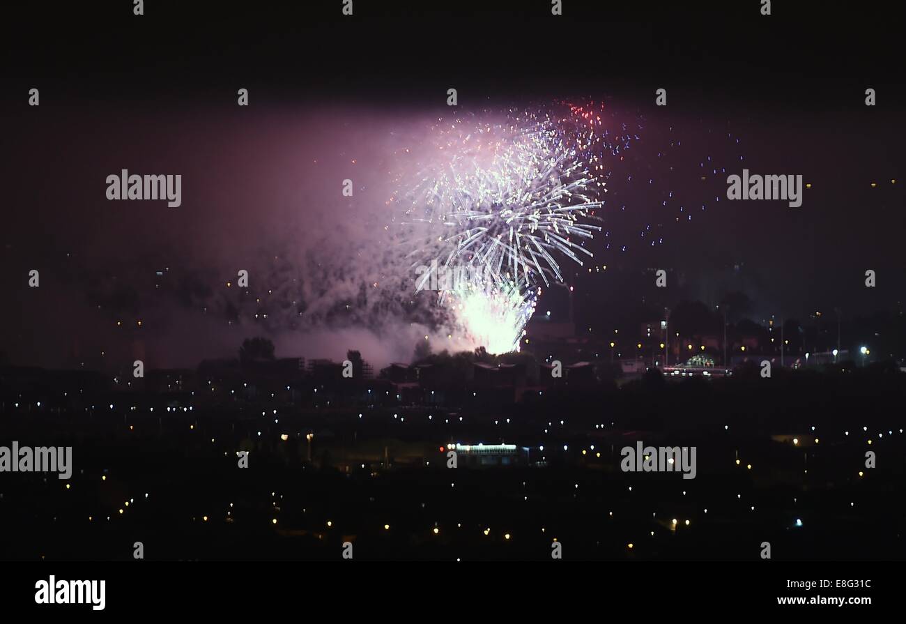 Fireworks over Glasgow. Opening Ceremony - Celtic Park - Glasgow Scotland, UK -  230714 - Glasgow 2014 Commonwealth Games Stock Photo