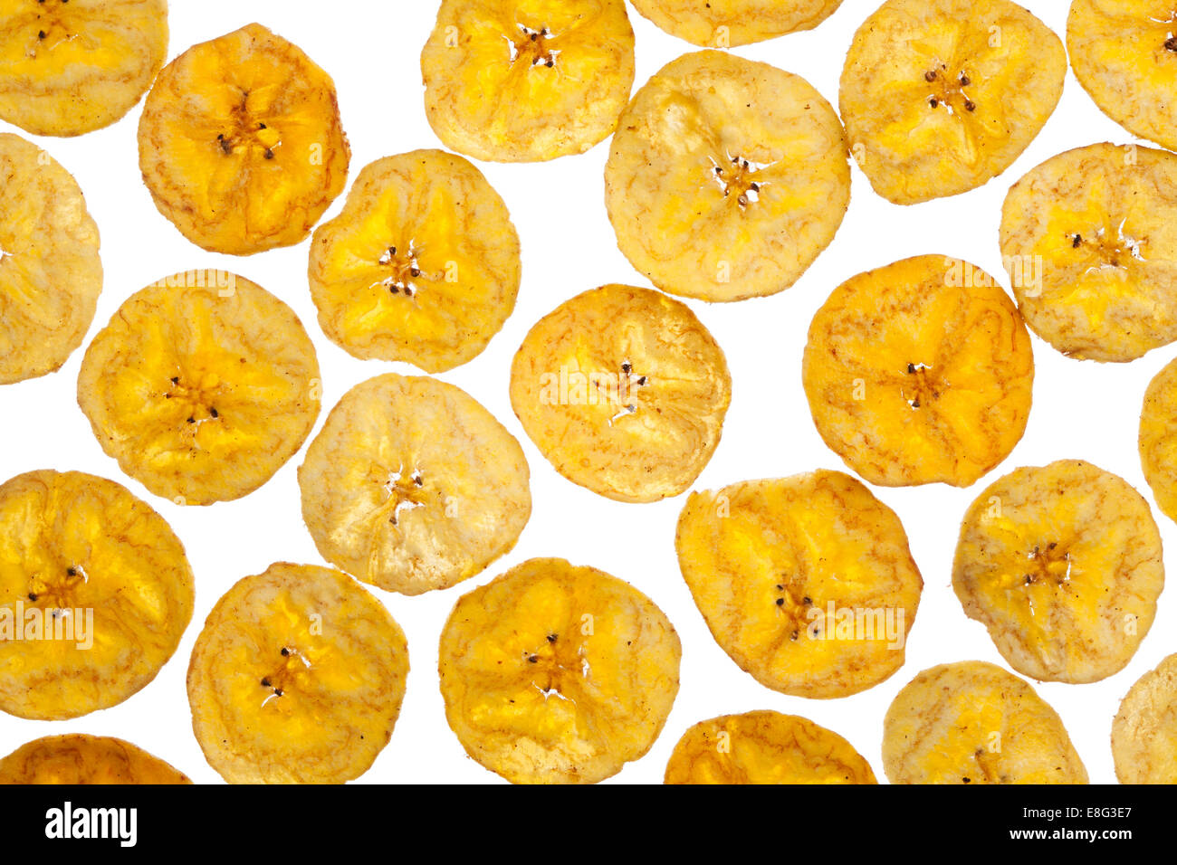 Platano plantain chips on white background, close up Stock Photo