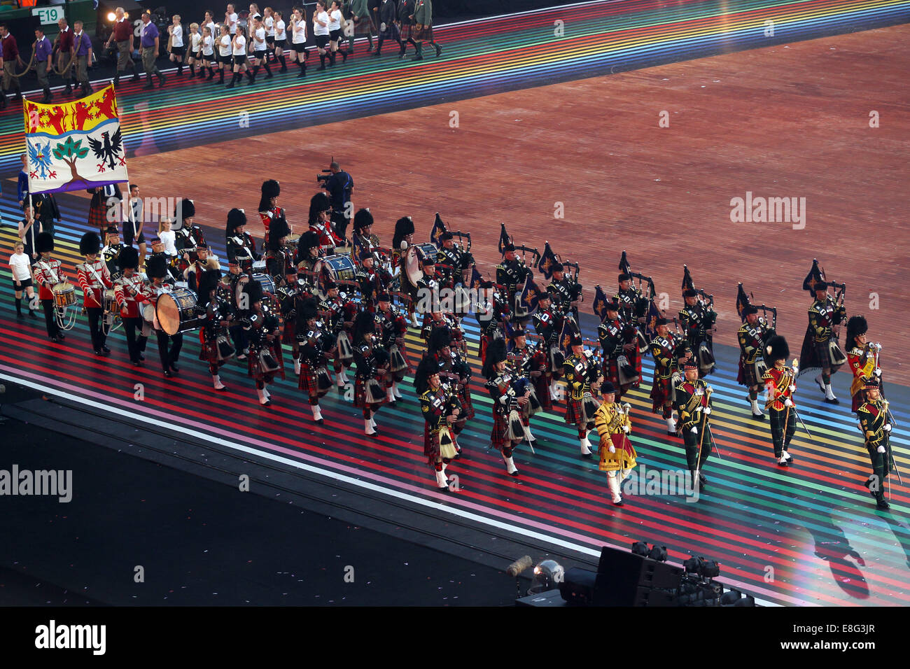 Marching pipers. Opening Ceremony Celtic Park Glasgow Scotland, UK