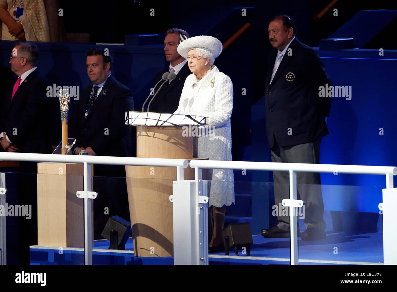 Queen Elizabeth II reads the message contained in the Baton. Opening Ceremony - Celtic Park - Glasgow Scotland, UK -  230714 - G Stock Photo