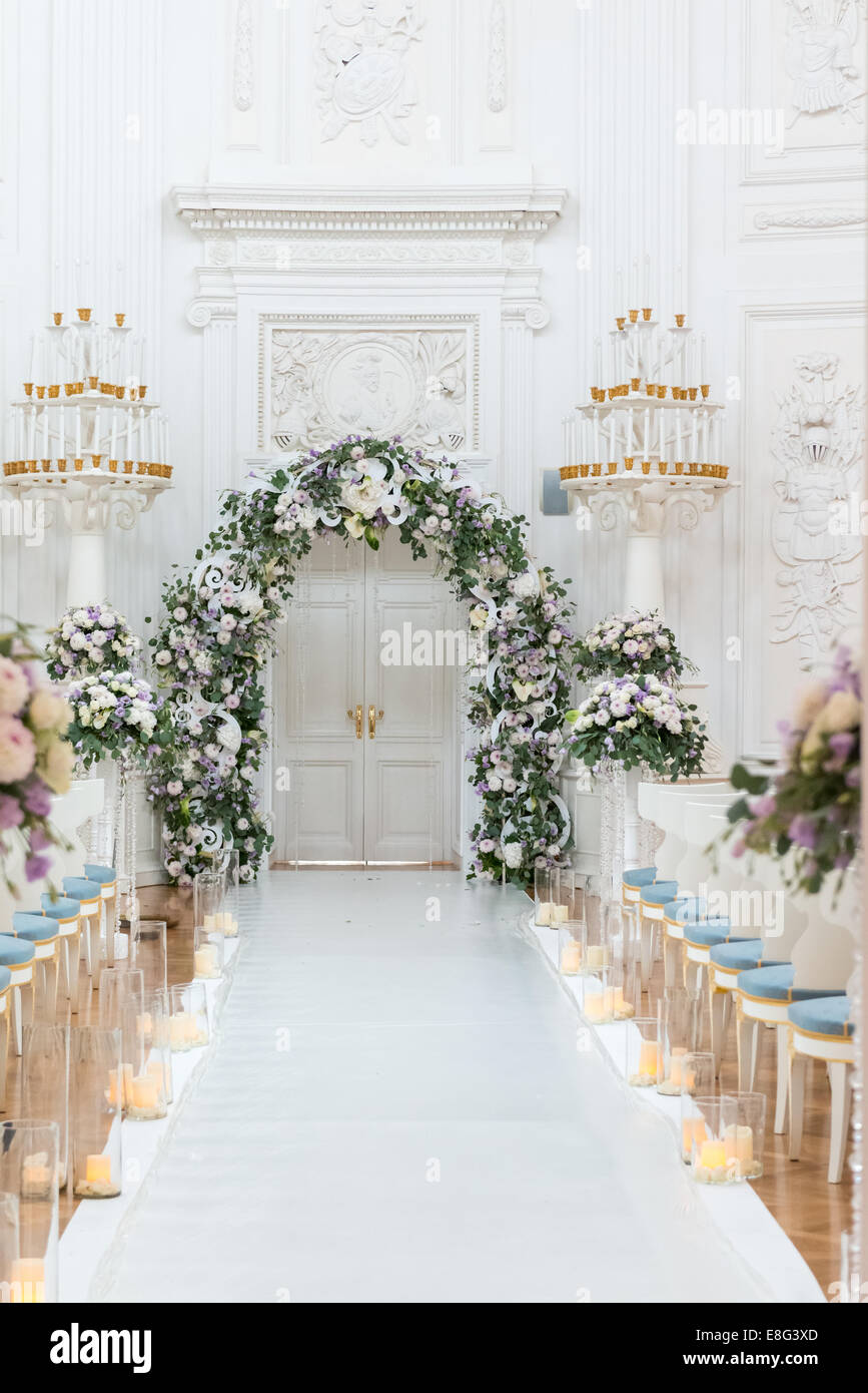 Wedding ceremony hall ready for couple and guests Stock Photo