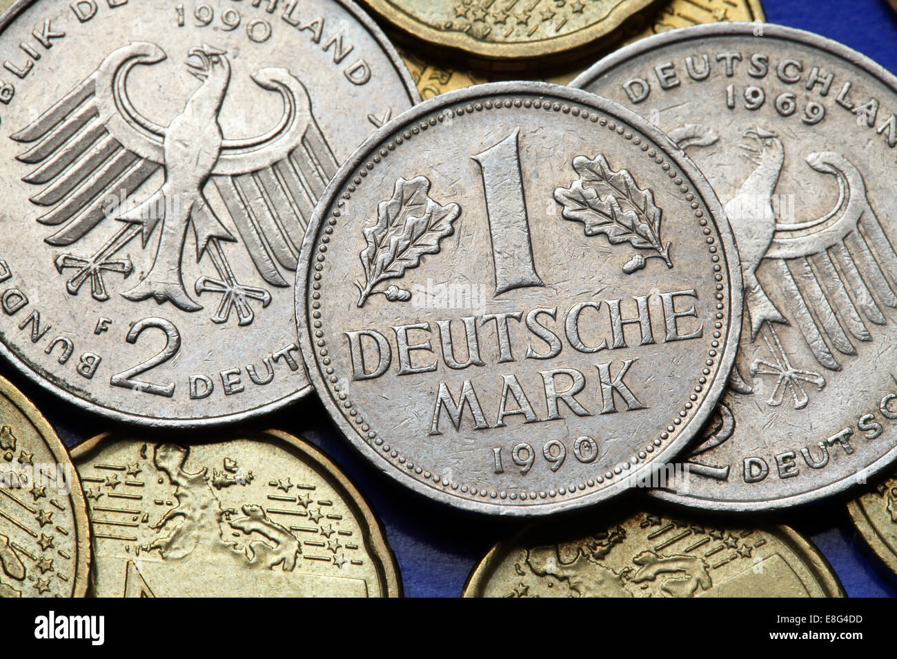 Coins of Germany. Old Deutsche Mark coins. Stock Photo