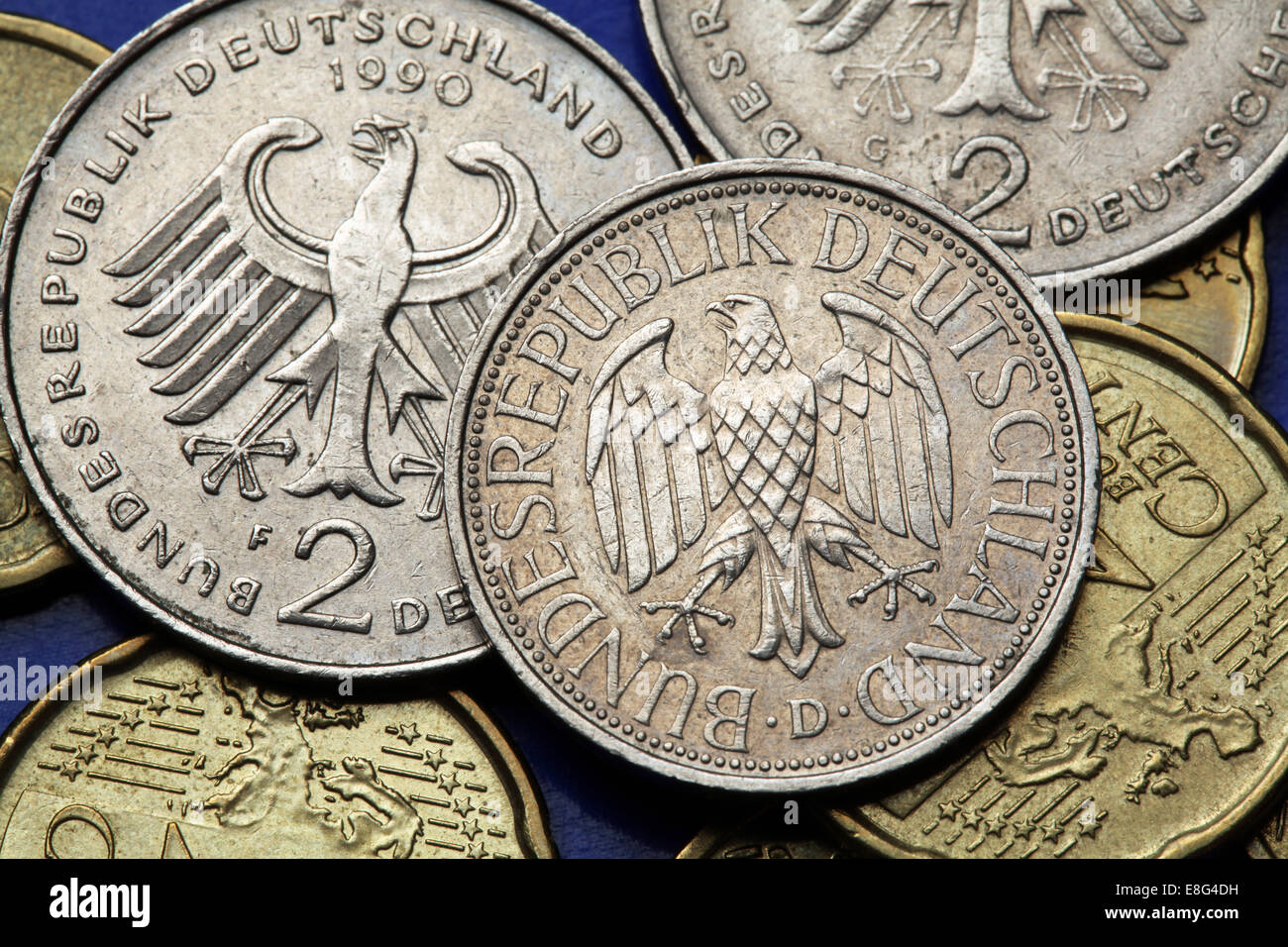 Coins of Germany. German eagle depicted in old Deutsche Mark coins. Stock Photo