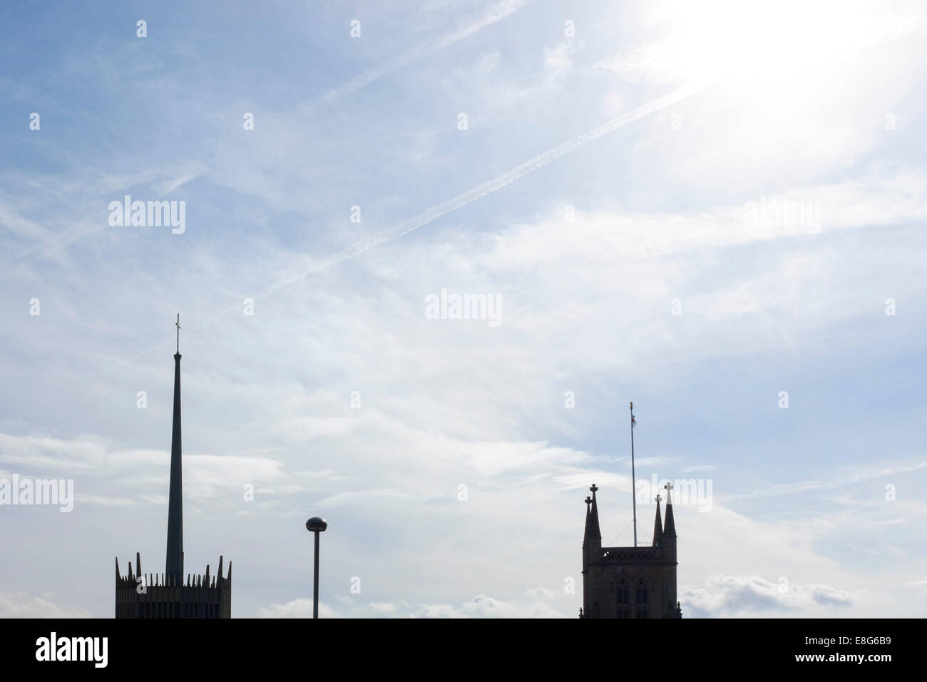 Blackburn Cathedral spire and tower silhouetted against the sky Stock Photo