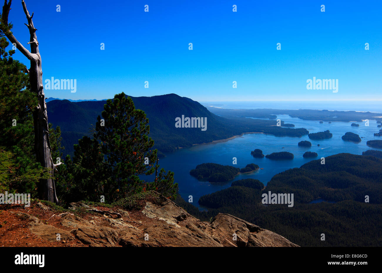 View from the top of Lone cone mountain looking at part of meares island and clayoquot sound Stock Photo