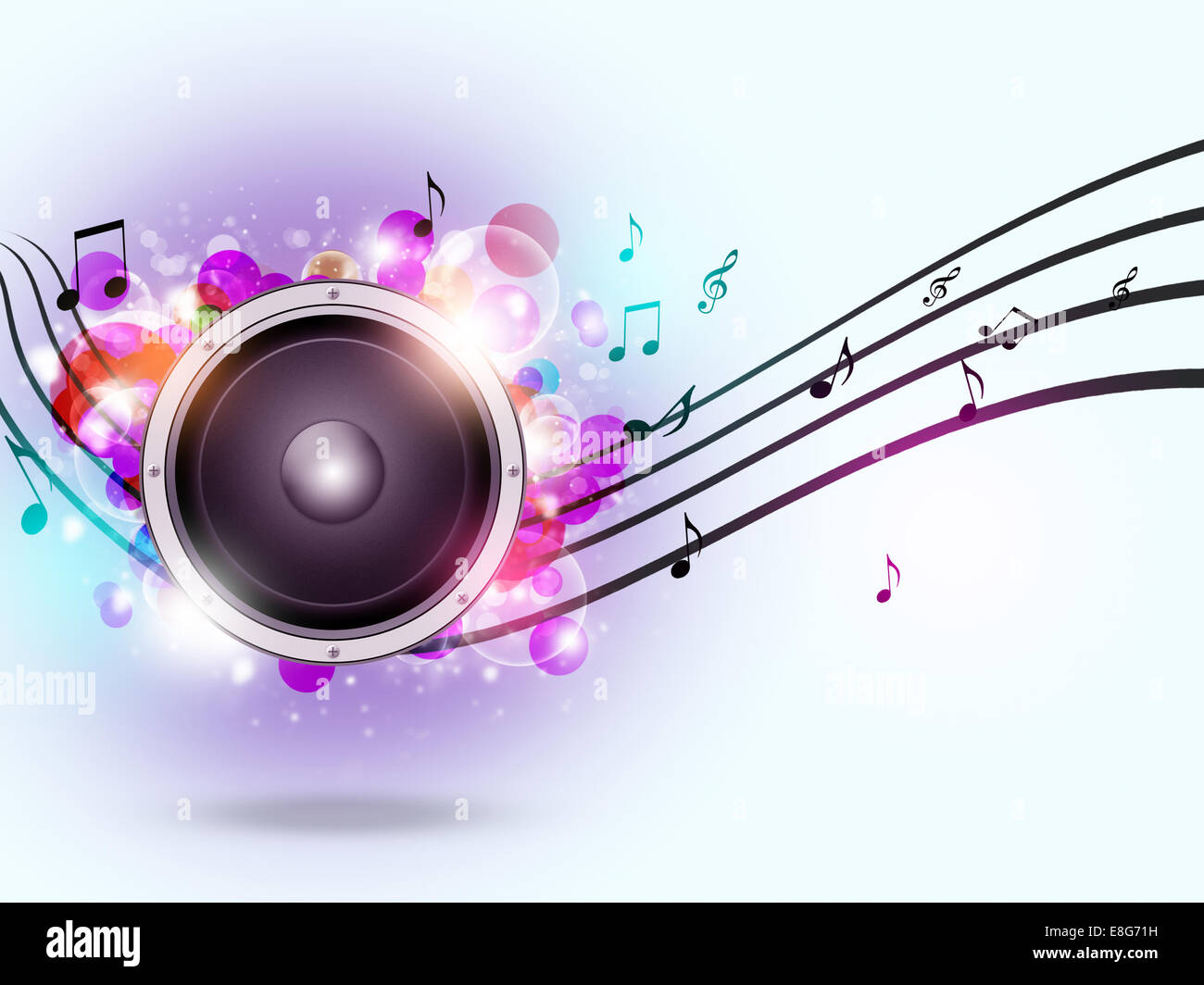 sound speaker music background with muisc notes and blurry lights Stock Photo