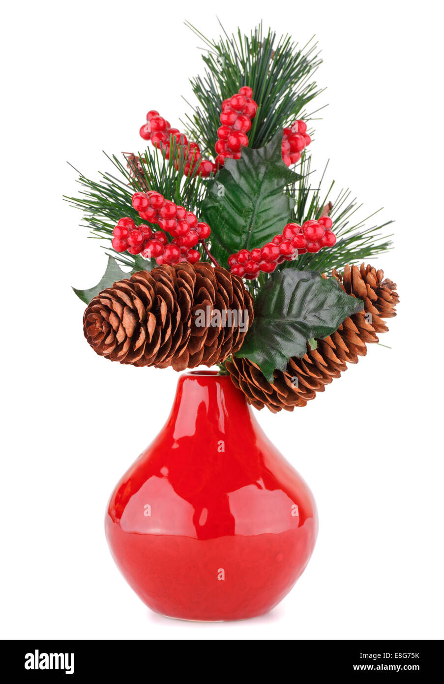 Christmas Decoration In Red Vase Isolated On White Background