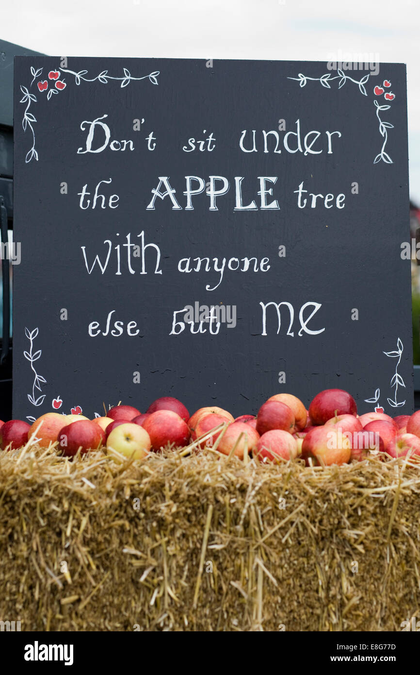 'Don't sit under the Apple tree with anyone else but me' Blackboard with Apples on a straw Bale Stock Photo