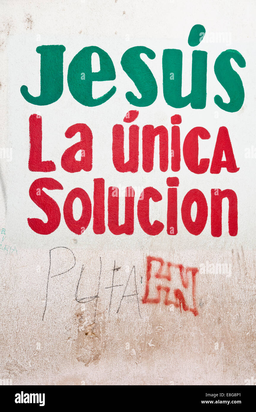 Jesus, the only solution painted sign on wall, in Spanish, San Pedro La Laguna, Lake Atitlan