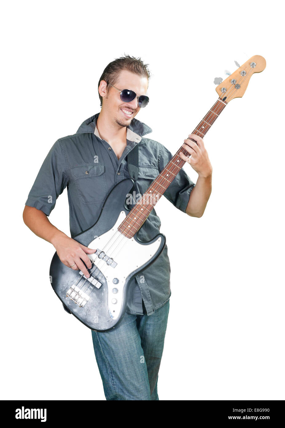 Cool european bass guitar player wearing sun glasses Stock Photo