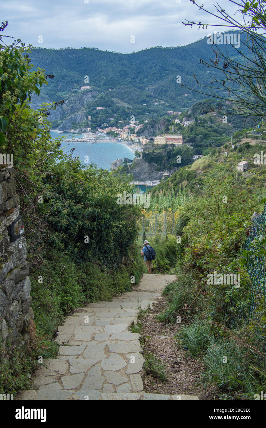 Monterosso al Mare, Cinque Terre, Liguria region, Italy, as viewed from the coastal path to Vernazza. Stock Photo