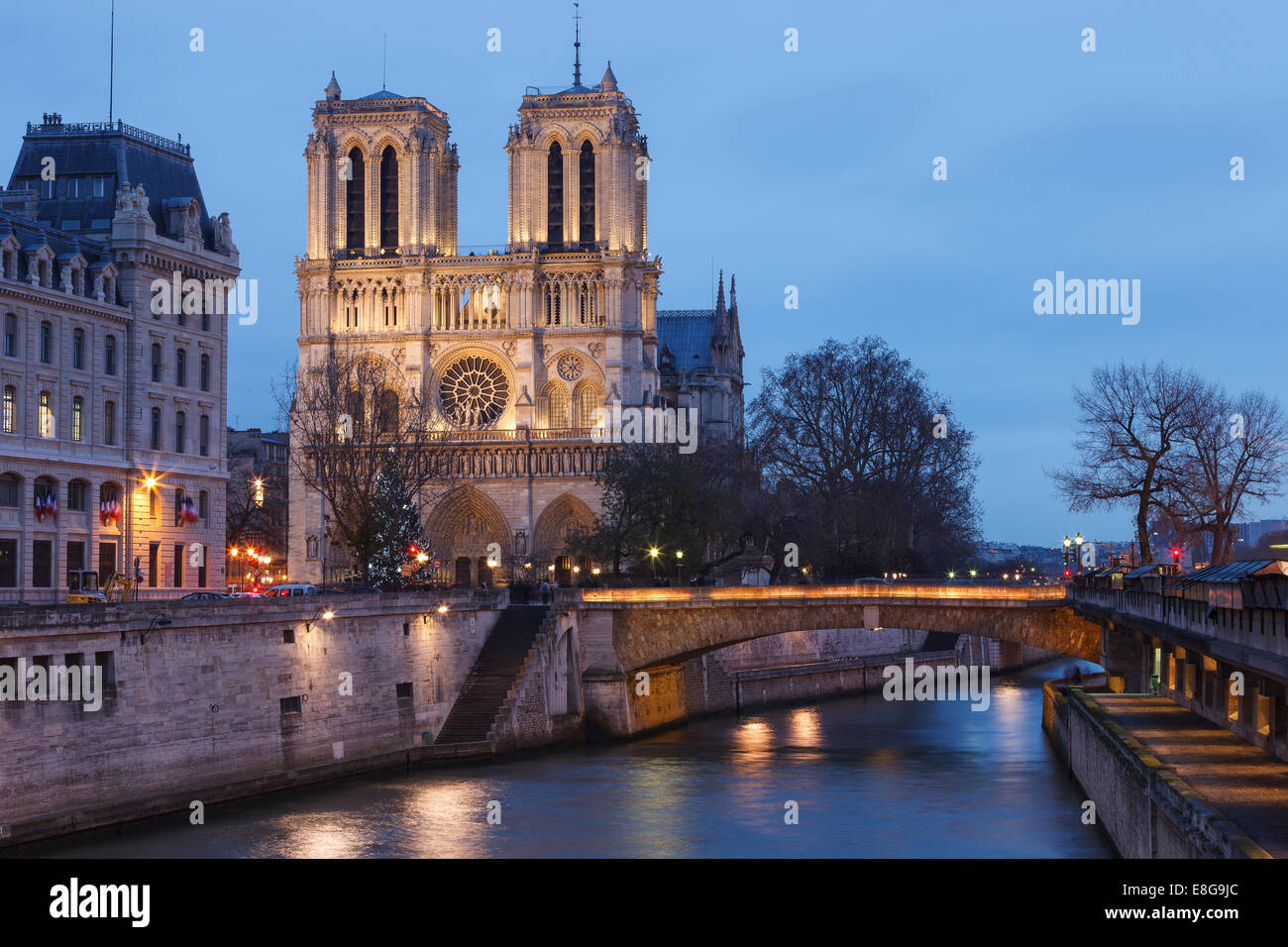 Notre Dame Cathedral front view, taken from Pont Saint Michel. Paris, France. Stock Photo