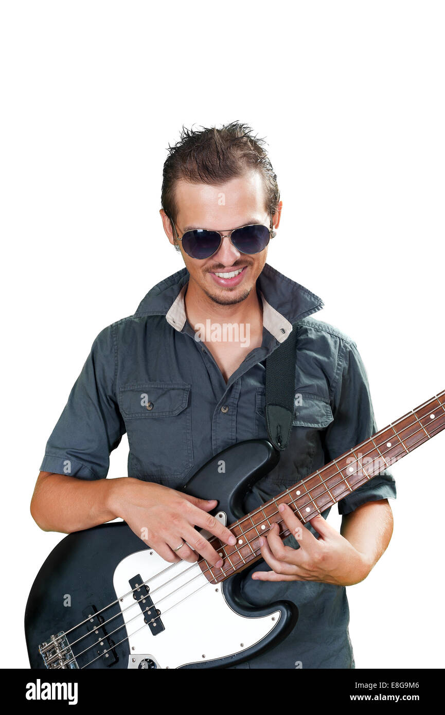 Cool european bass guitar player wearing sun glasses Stock Photo