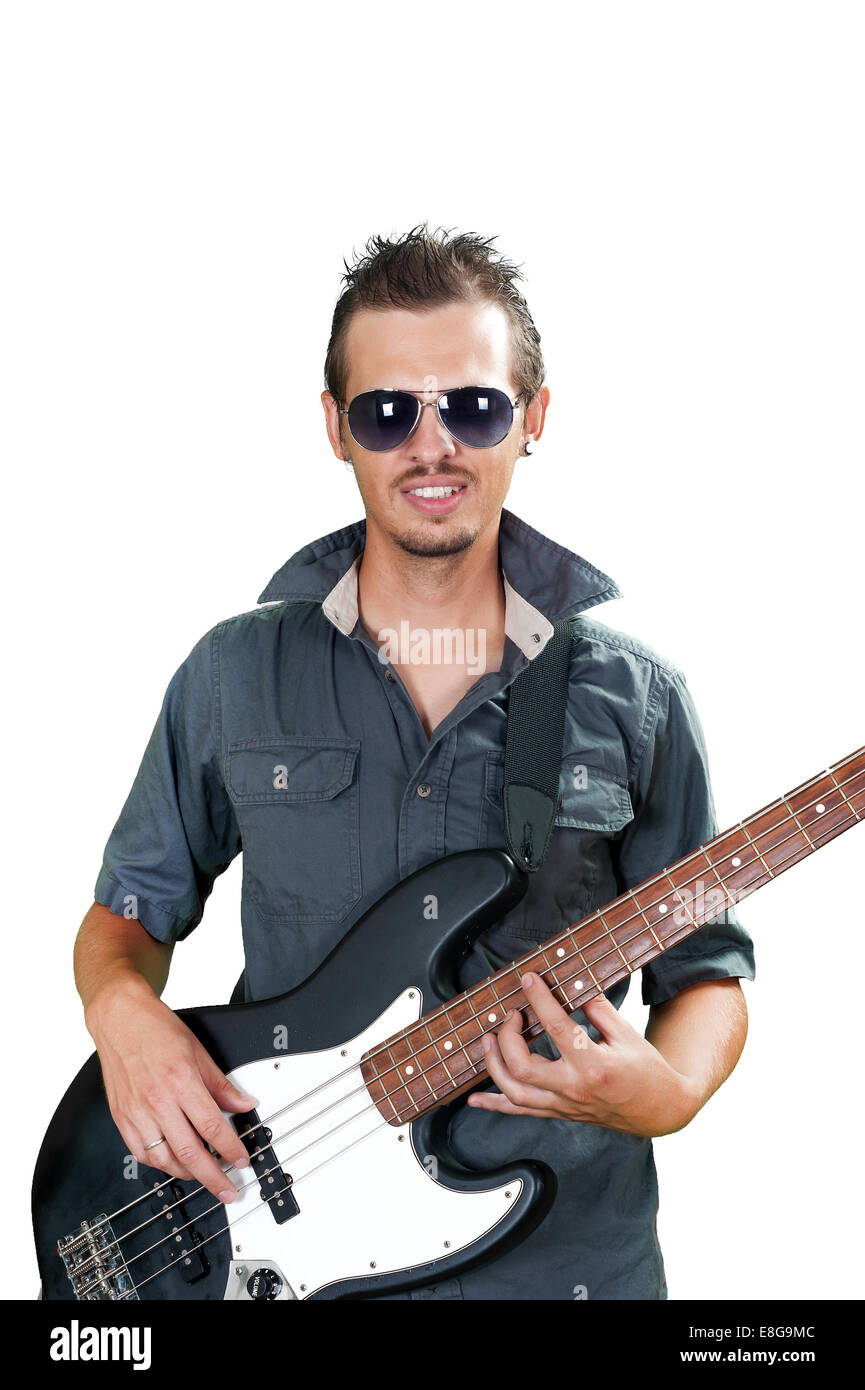 Cool caucasian bass guitar player wearing sun glasses Stock Photo