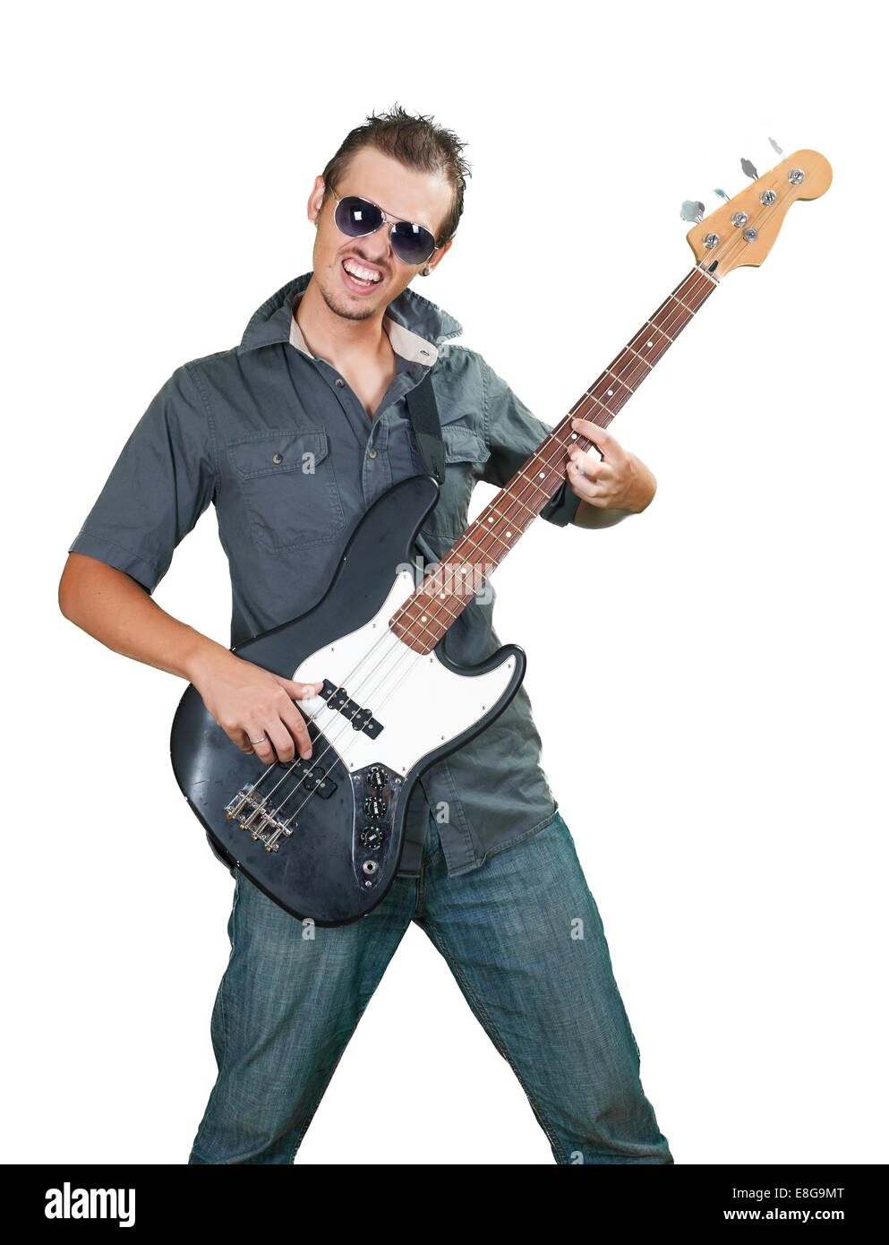 Cool caucasian bass guitar player wearing sun glasses Stock Photo