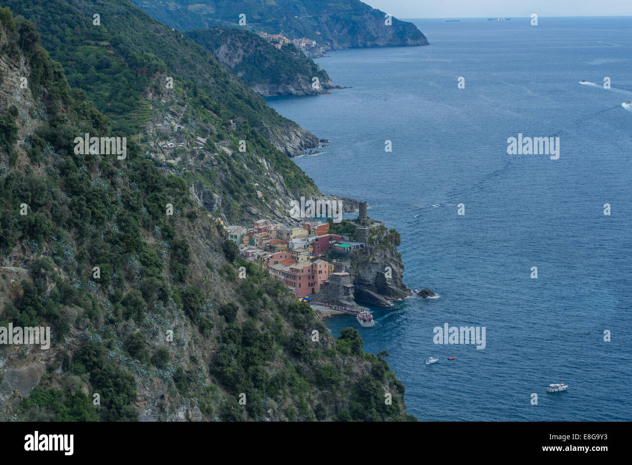 Cinque Terre as viewed from the coastal path looking east towards with the edge of Vernazza just in view. Stock Photo
