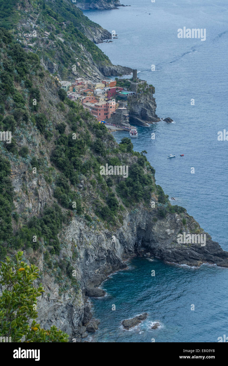 Cinque Terre as viewed from the coastal path looking east towards with the edge of Vernazza just in view. Stock Photo