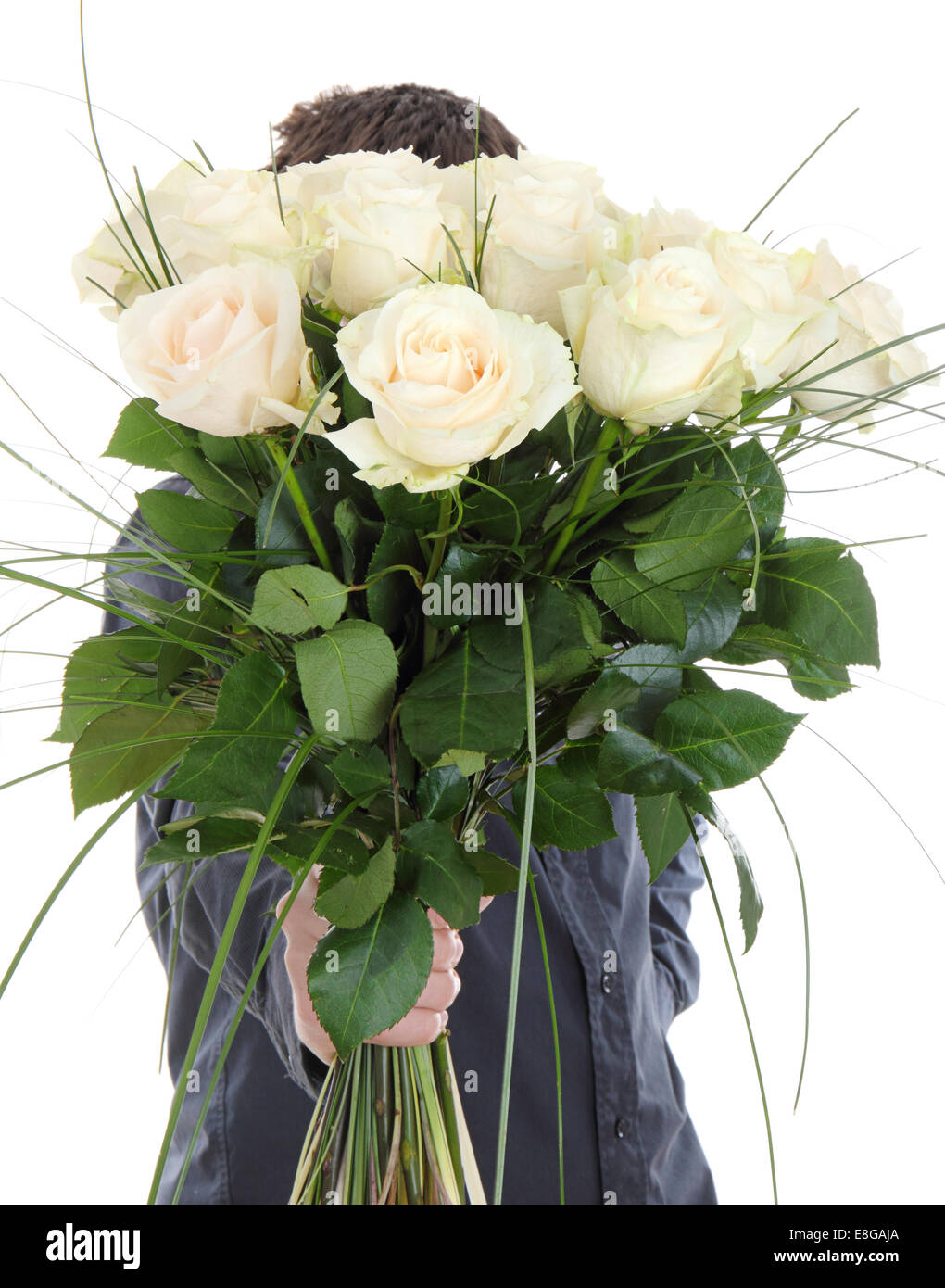 Handyman With Roses man hand holding bunch of white roses isolated on white background ...