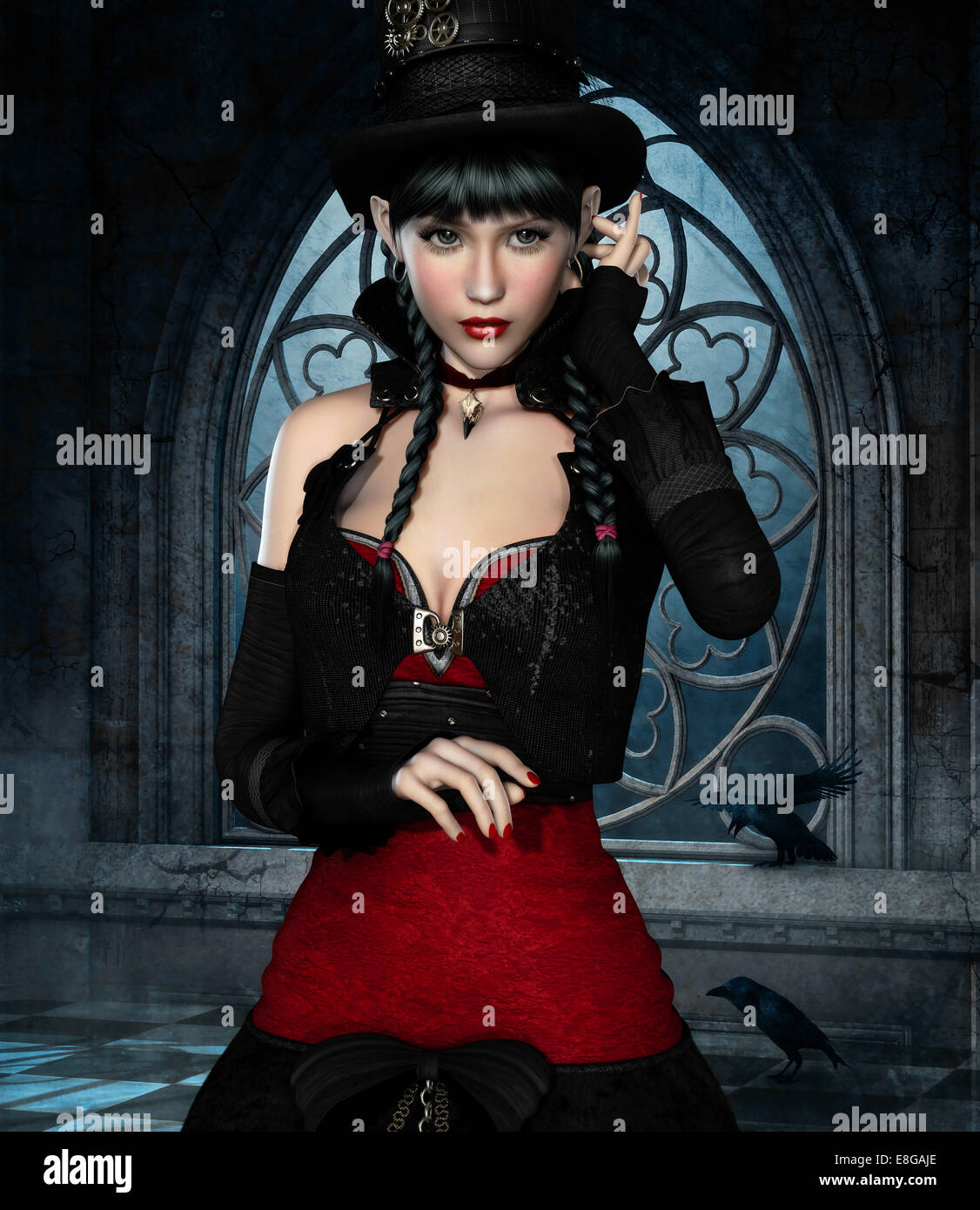3d computer graphics of a girl with clothing in Steampunk-Gothic style Stock Photo