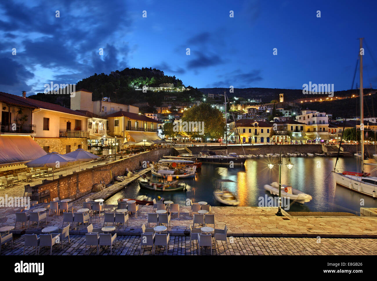 Night view of the picturesque little port of Nafpaktos (Lepanto) town