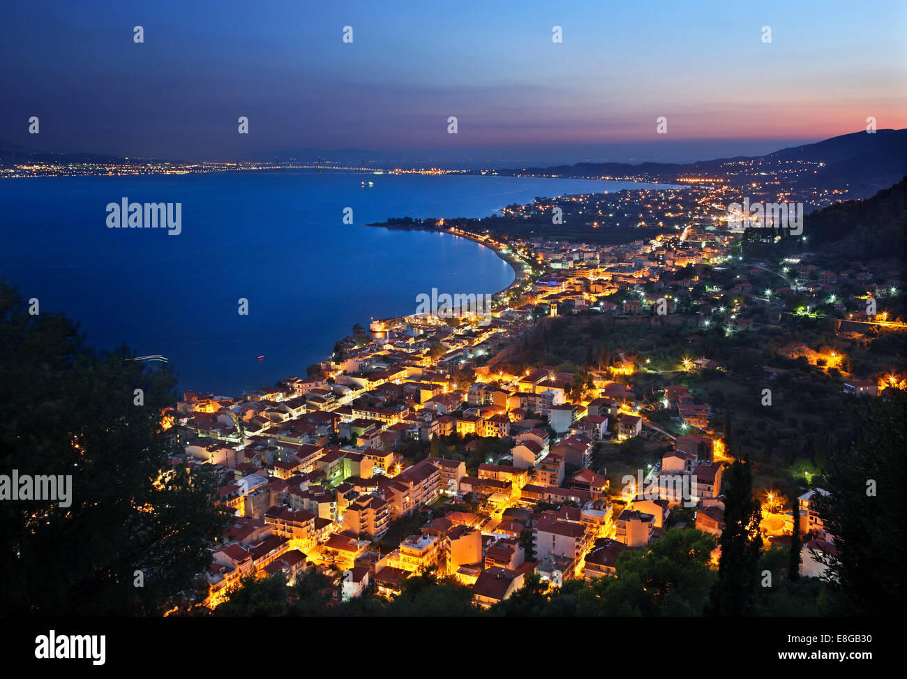 Panoramic night view of Nafpaktos (Lepanto) town and its castle