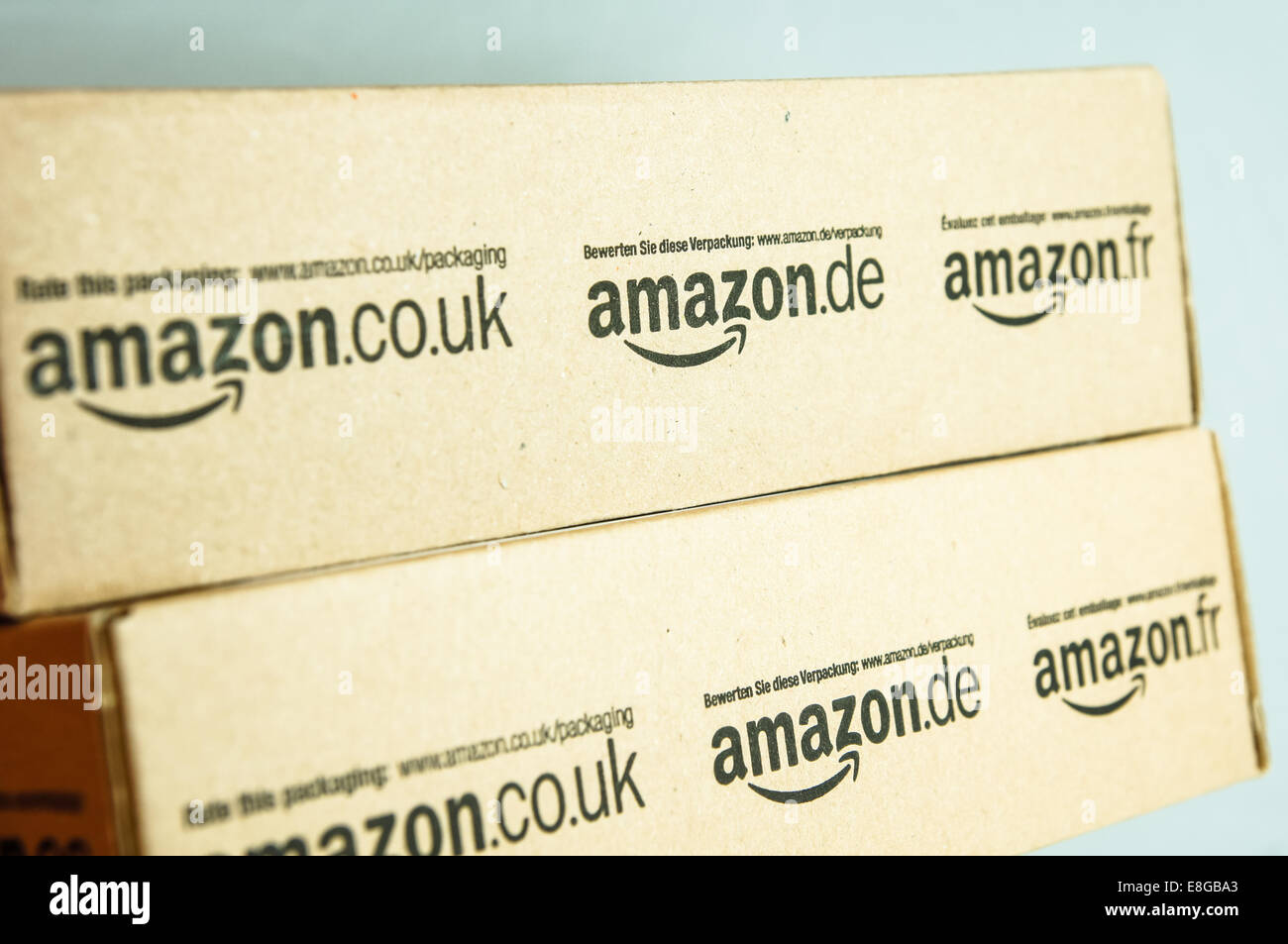 Amazon logo logos on boxes, amazon boxes Stock Photo