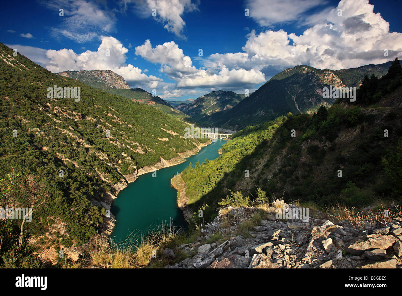 Where Evinos river becomes Evinolimni lake. Oreini ('mountainous') Nafpaktia, Aitoloakarnania, Greece. Stock Photo