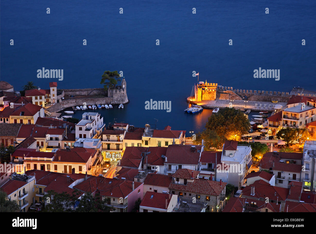Night View Of The Picturesque Little Port Of Nafpaktos Lepanto Town 