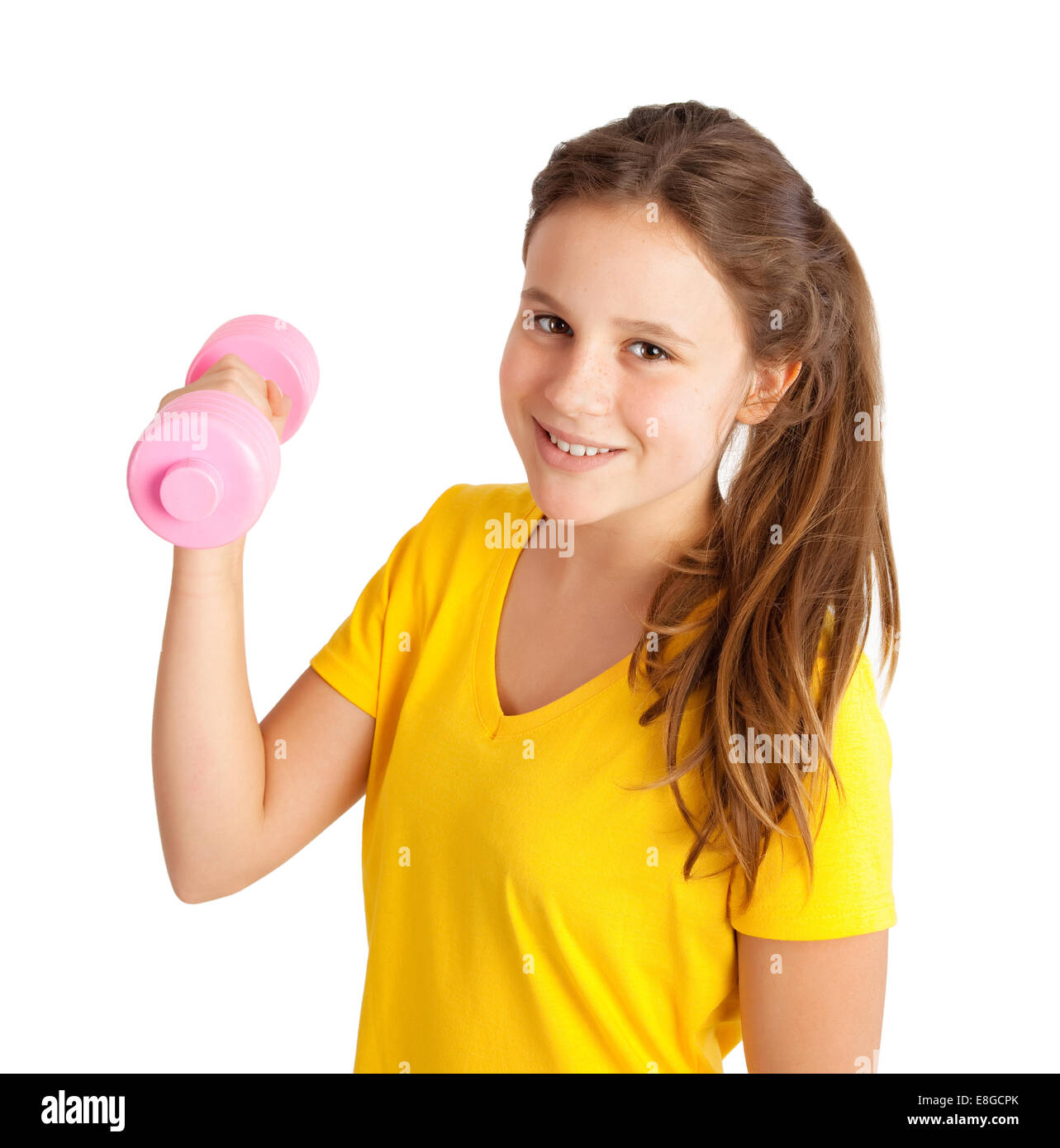 little girl with dumbbell isolated on white Stock Photo
