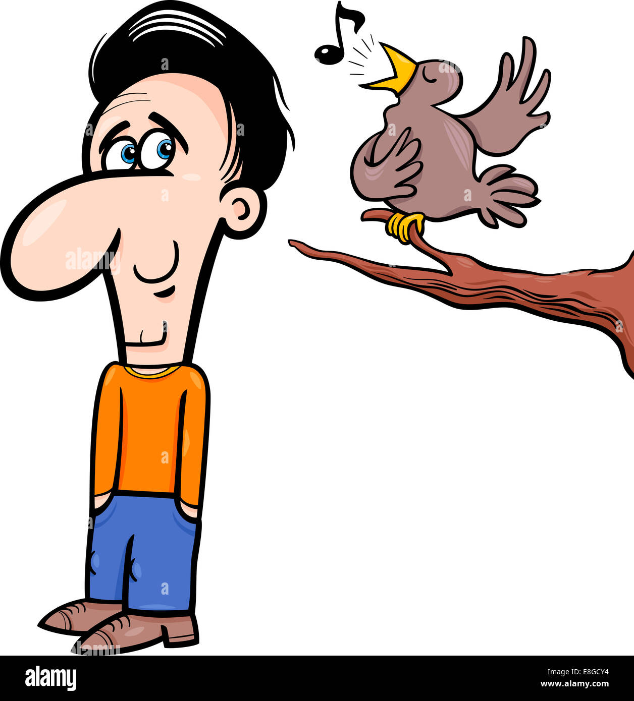 Cartoon Illustration of Happy Man Character Listening to Singing Bird