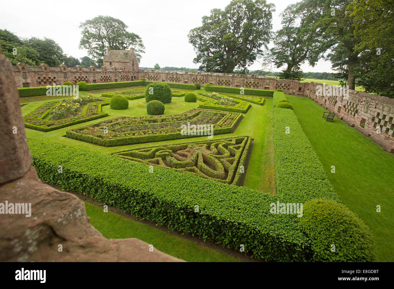 Formal 17th century walled gardens with low hedges, topiary, roses ...