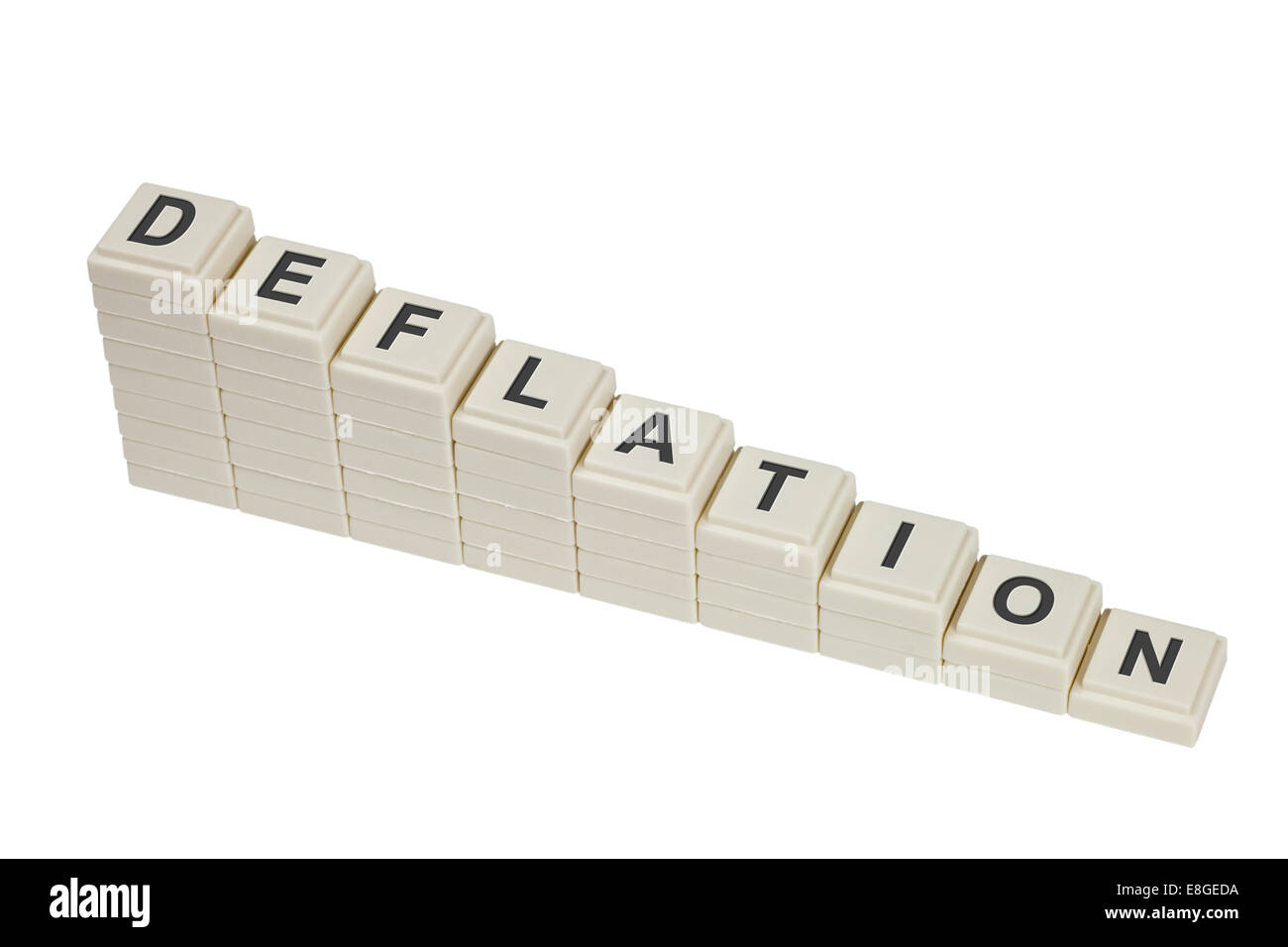 Stack of decreasing blocks showing the word DEFLATION isolated on white background Stock Photo