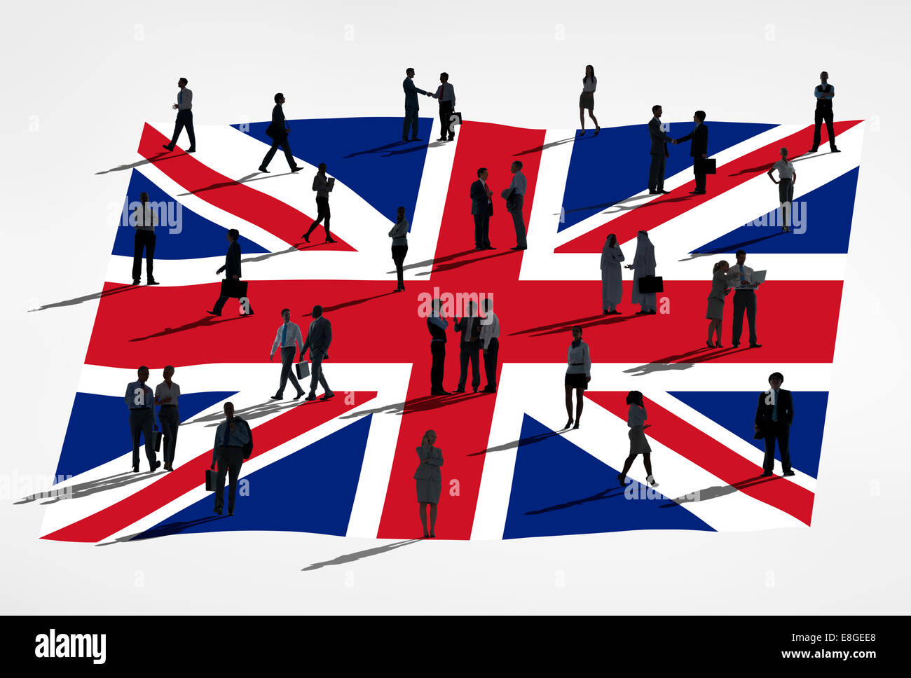 Flag of United Kingdom and a group of business people. Stock Photo