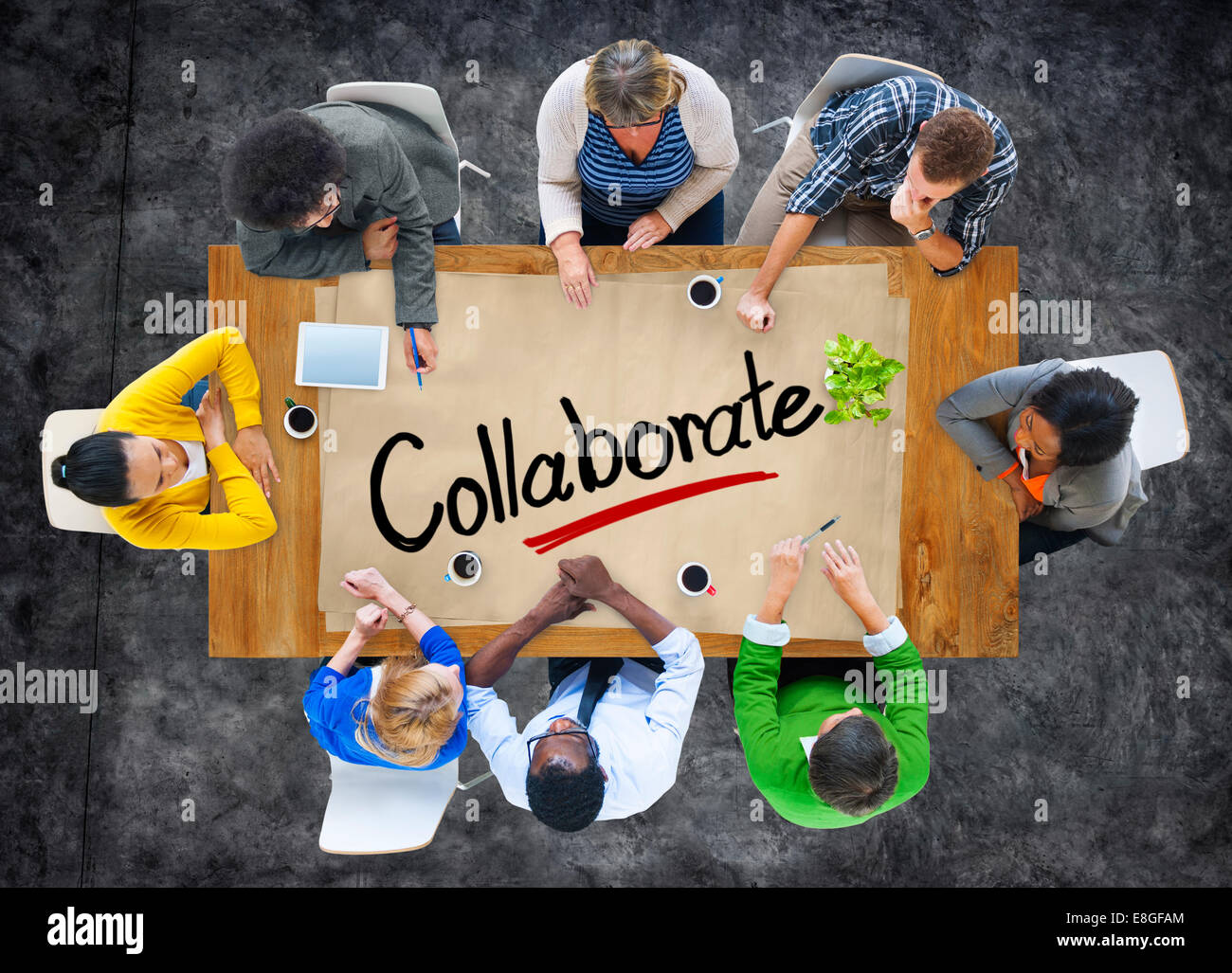 Aerial View with People and Text Collaborate Stock Photo