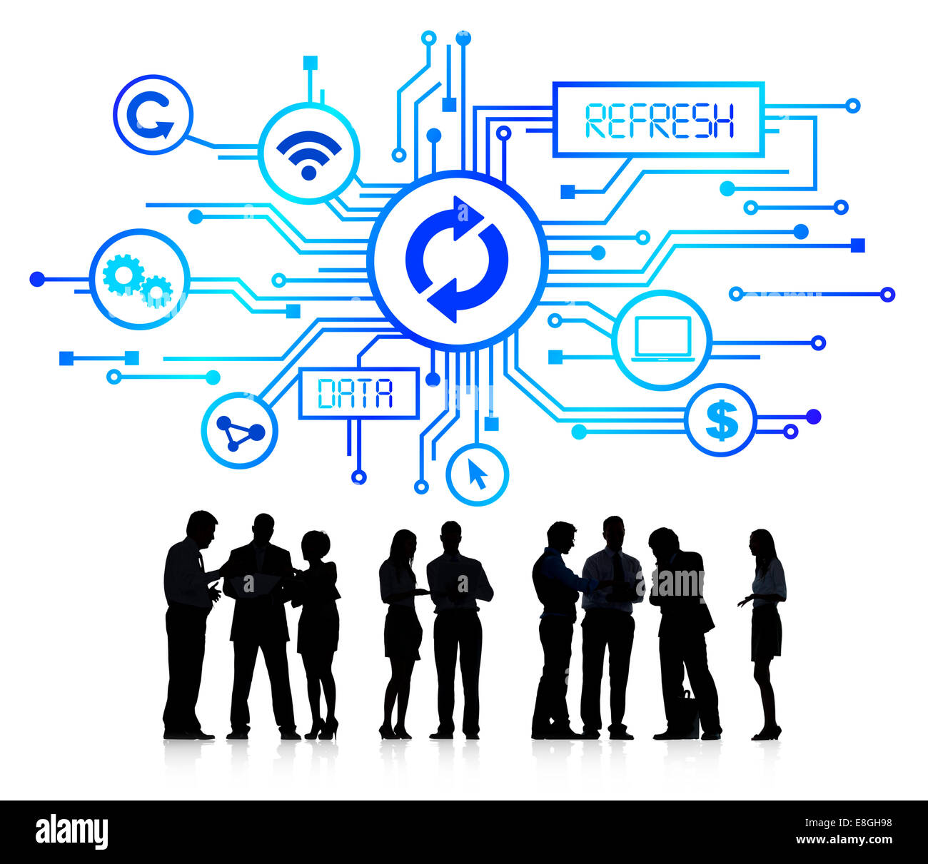 Silhouettes of Business People Working with Computer Concept Symbols Above Stock Photo