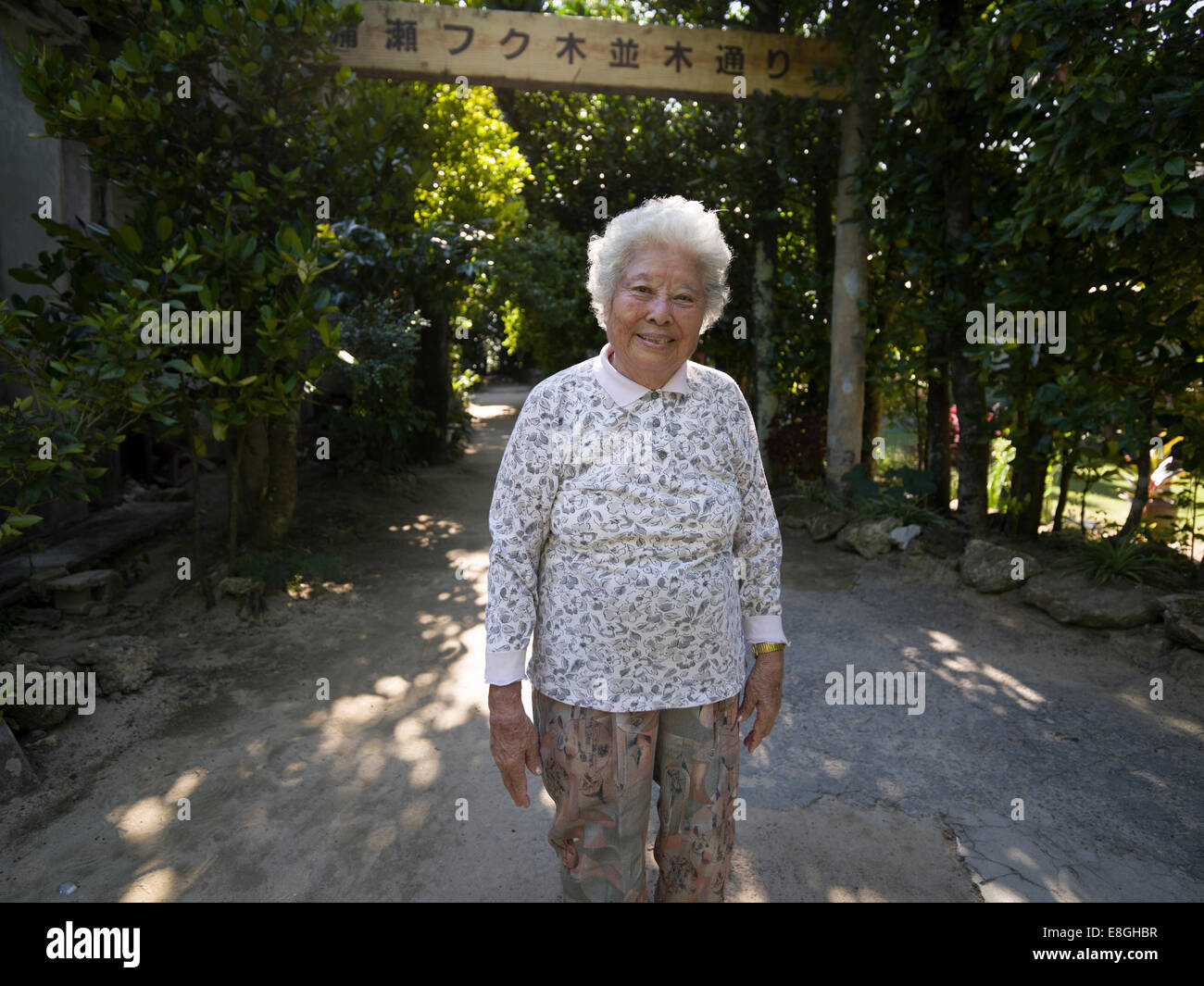 Local elderly Okinawan woman at Bise Fukugi Tree Road, Motobu, Okinawa. Okinawan women have world's longest life expectancy Stock Photo