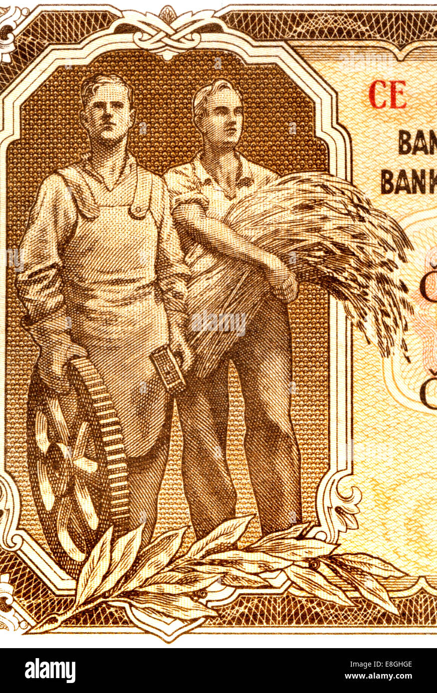 Detail from a 1953 Czechoslovakian 100 crown / Korun banknote showing an engineer and a farmer Stock Photo