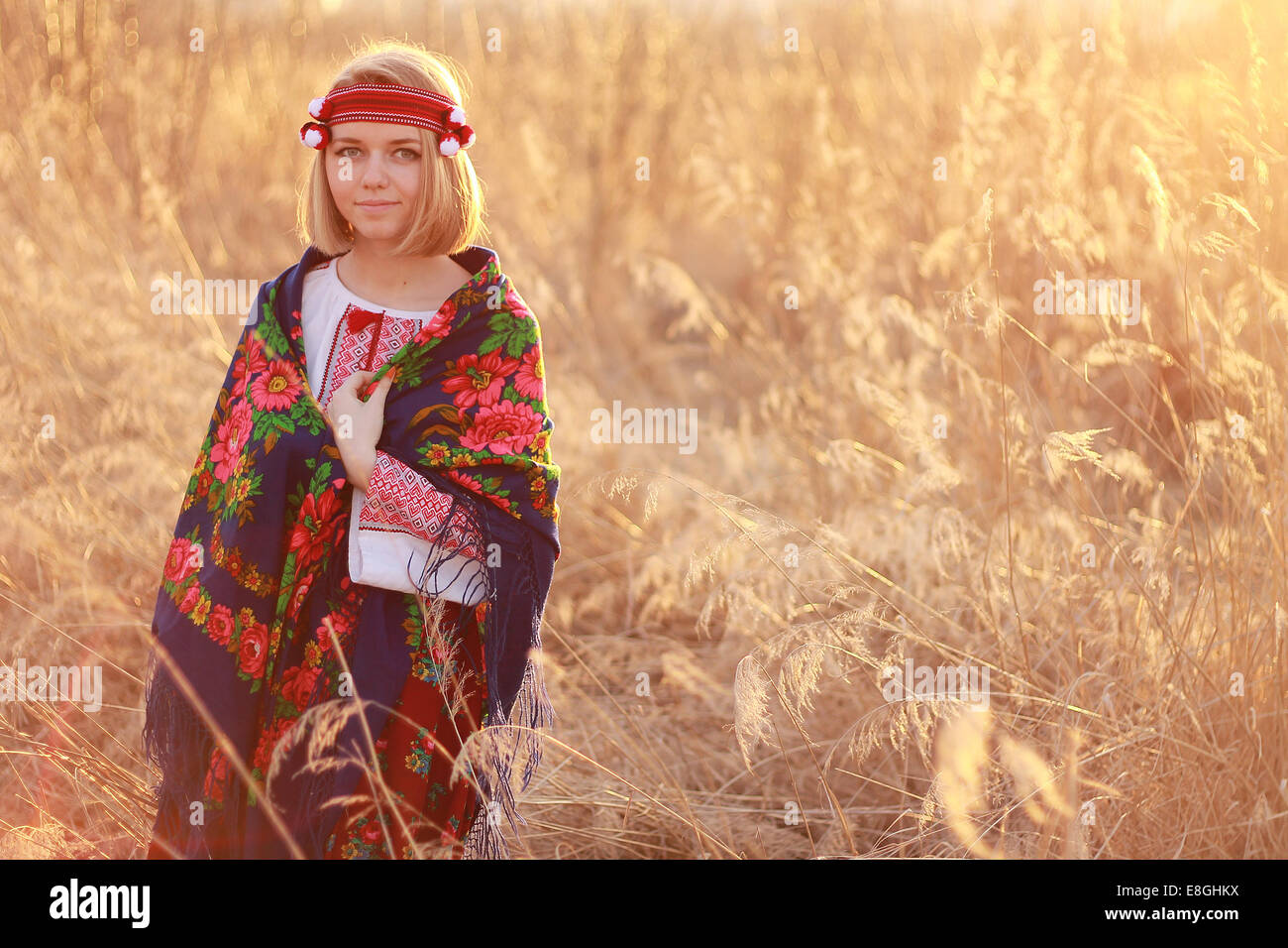 Portrait of young woman wearing traditional shawl Stock Photo