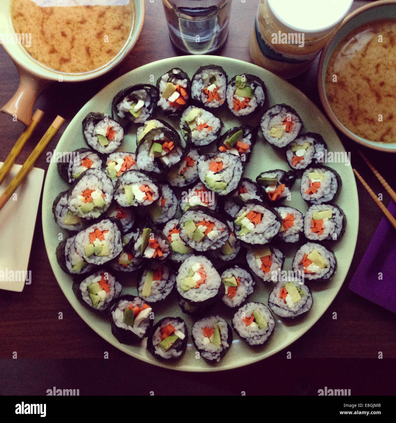 Homemade vegetarian sushi with miso soup Stock Photo Alamy
