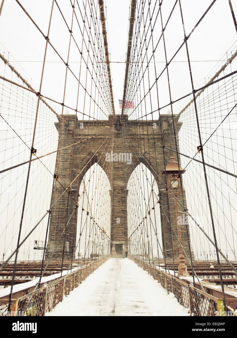 Brooklyn Bridge in snow, New York, United States Stock Photo