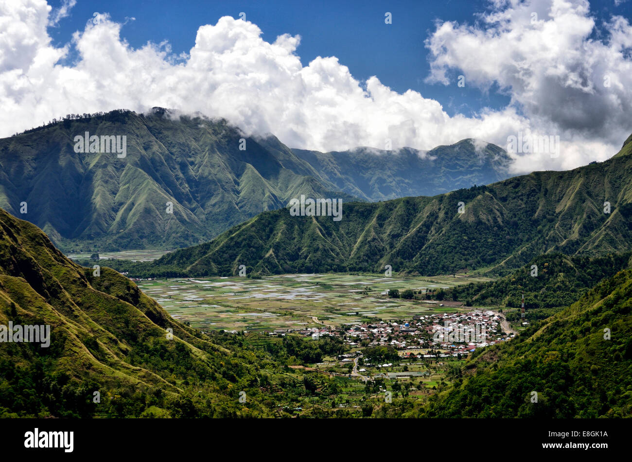 Indonesia, West Nusa Tenggara, Sandubaya, Elevated view of Sembalun village Stock Photo