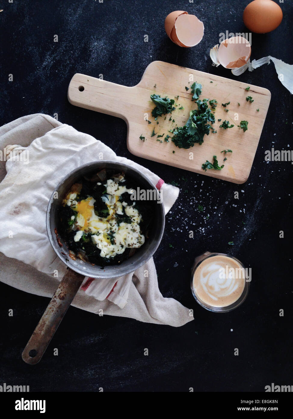 Goats cheese and Kale frittata with latte coffee Stock Photo