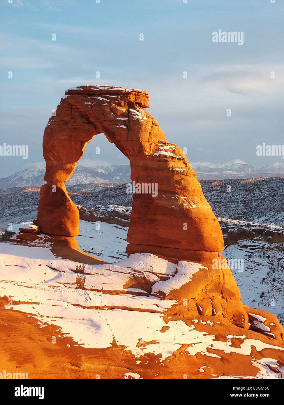 Delicate Arch in winter, Arches National Park, Utah, United States Stock Photo
