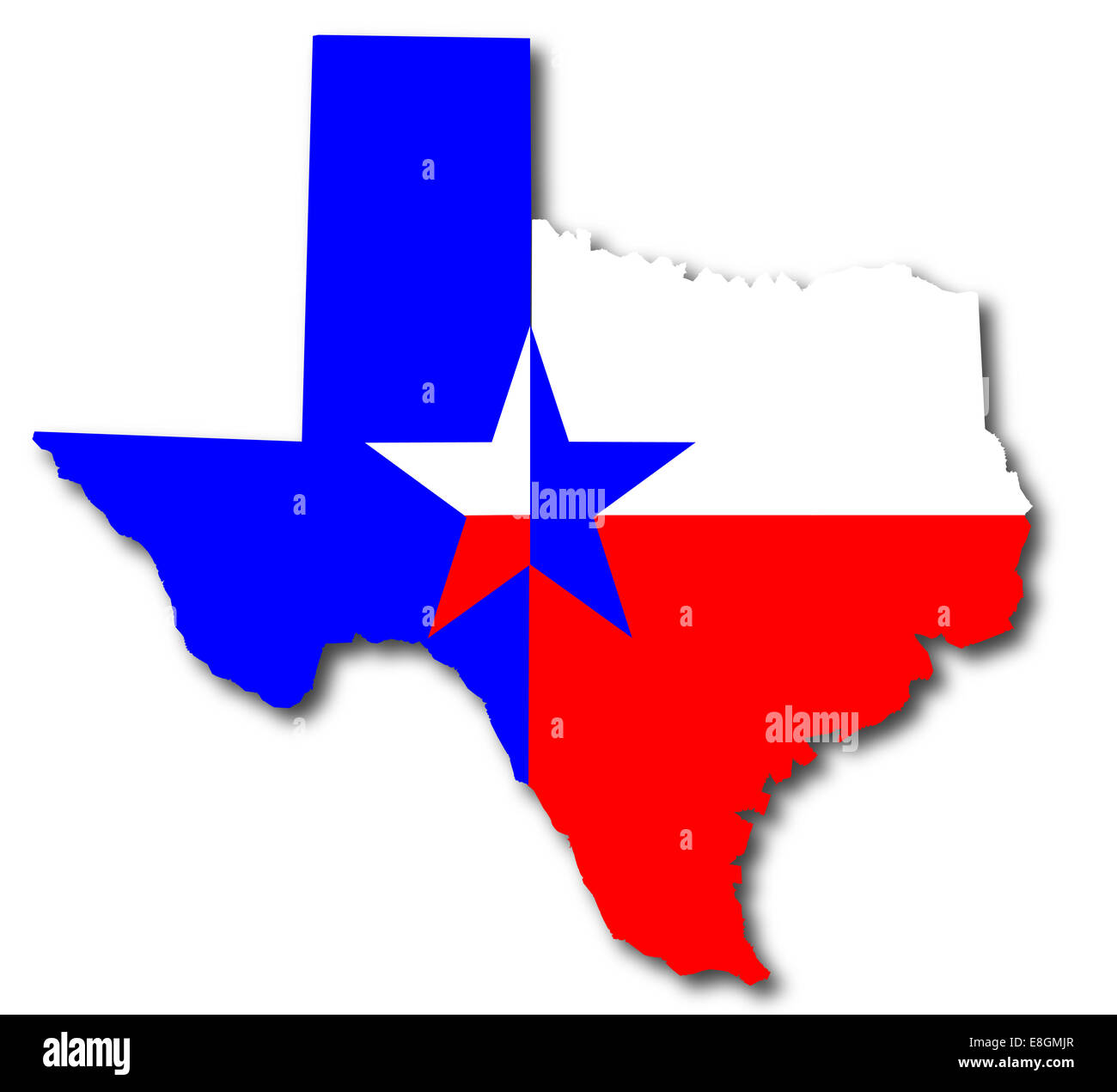 Outline map of Texas in red white and blue with the lone star motif
