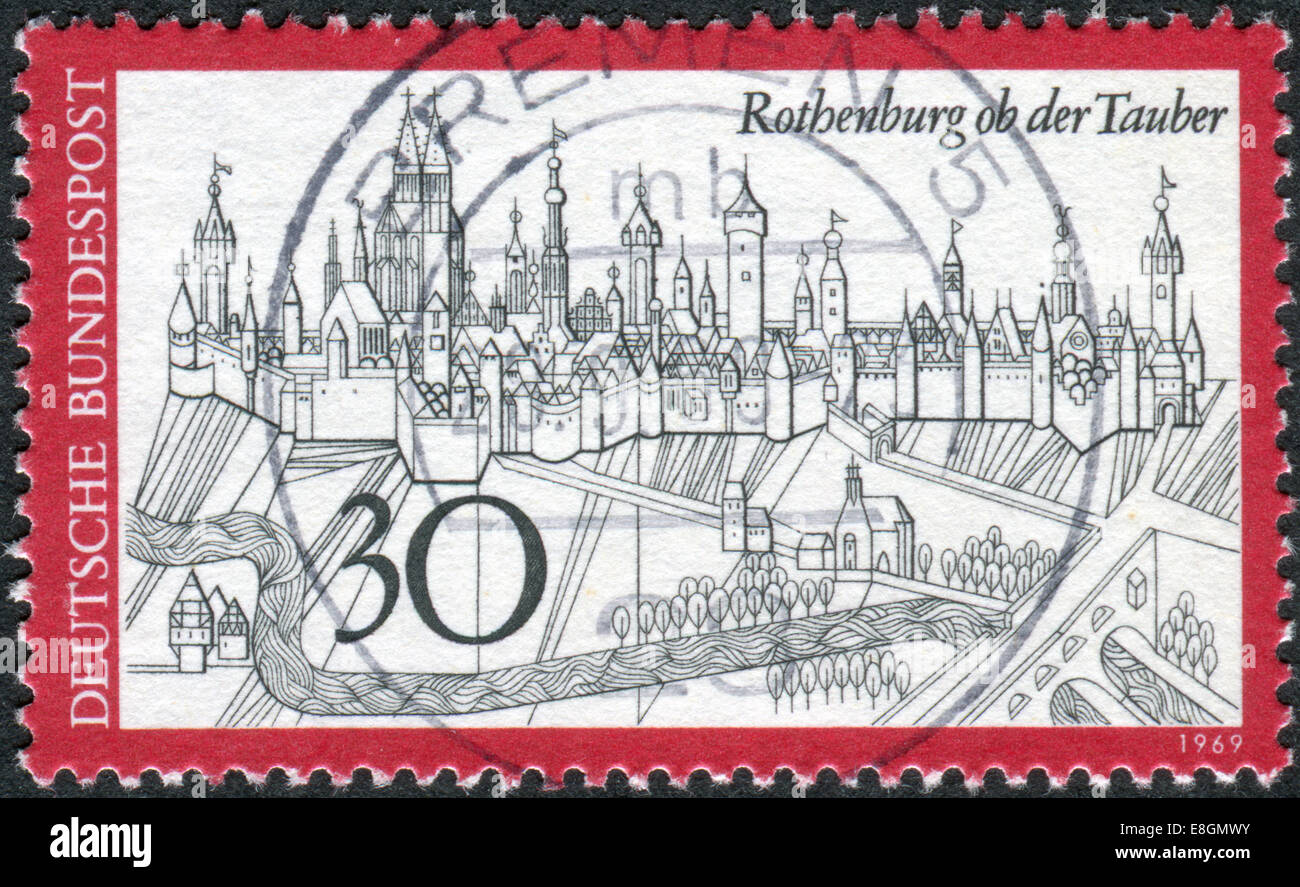 GERMANY - CIRCA 1969: Postage stamp printed in Germany, shows a Rothenburg ob der Tauber, circa 1969 Stock Photo