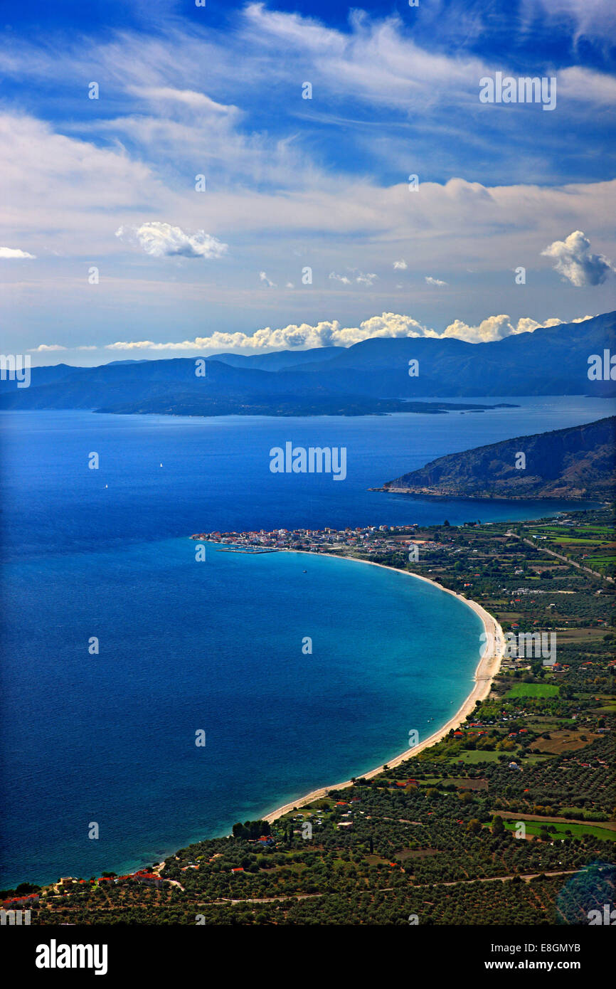Panoramic view of the bay of Mytikas (Xiromero, Aitoloakarnania, Greece) from the ancient fortifications of Kastri. Stock Photo