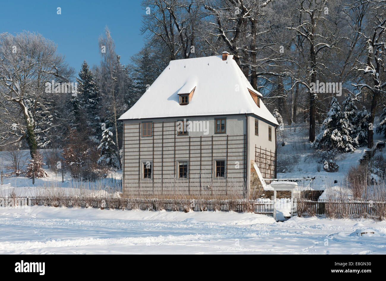 Goethe's Garden House in winter, Park on the Ilm River, UNESCO World Heritage Site, Weimar, Thuringia, Germany Stock Photo
