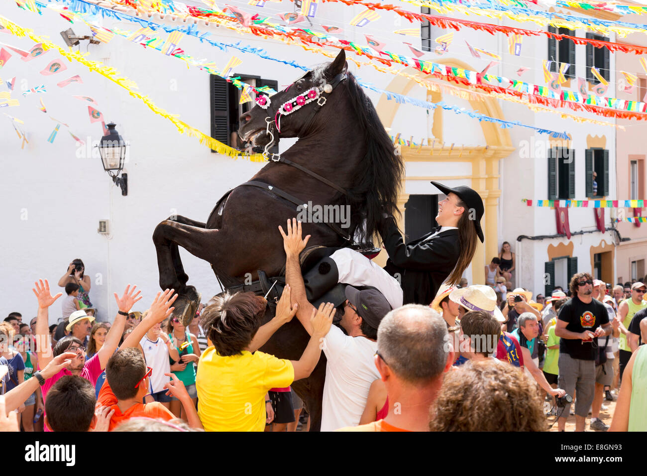 Rising horse at the Sant Bartomeu Festival, Ferreries, Central Menorca, Minorca, Menorca, Balearic Islands, Spain Stock Photo
